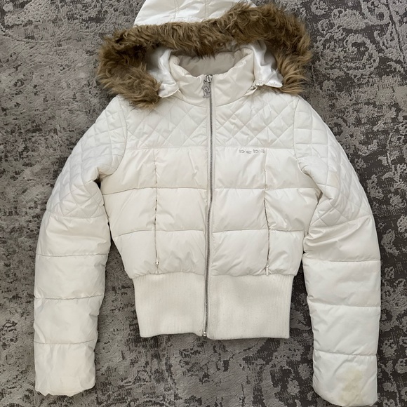 bebe Jackets & Blazers - BeBe White Fur hood zip up puffer with rhinestones